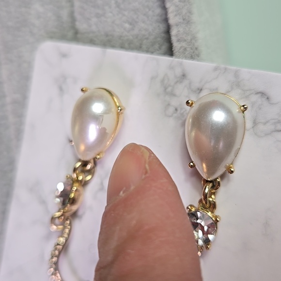 Gold Tone Silver Fuax Pearl Drop Earrings - Picture 7 of 17